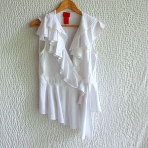 Womens White M Romantic Ruffle Top Shirt V Christina Designer Cotton